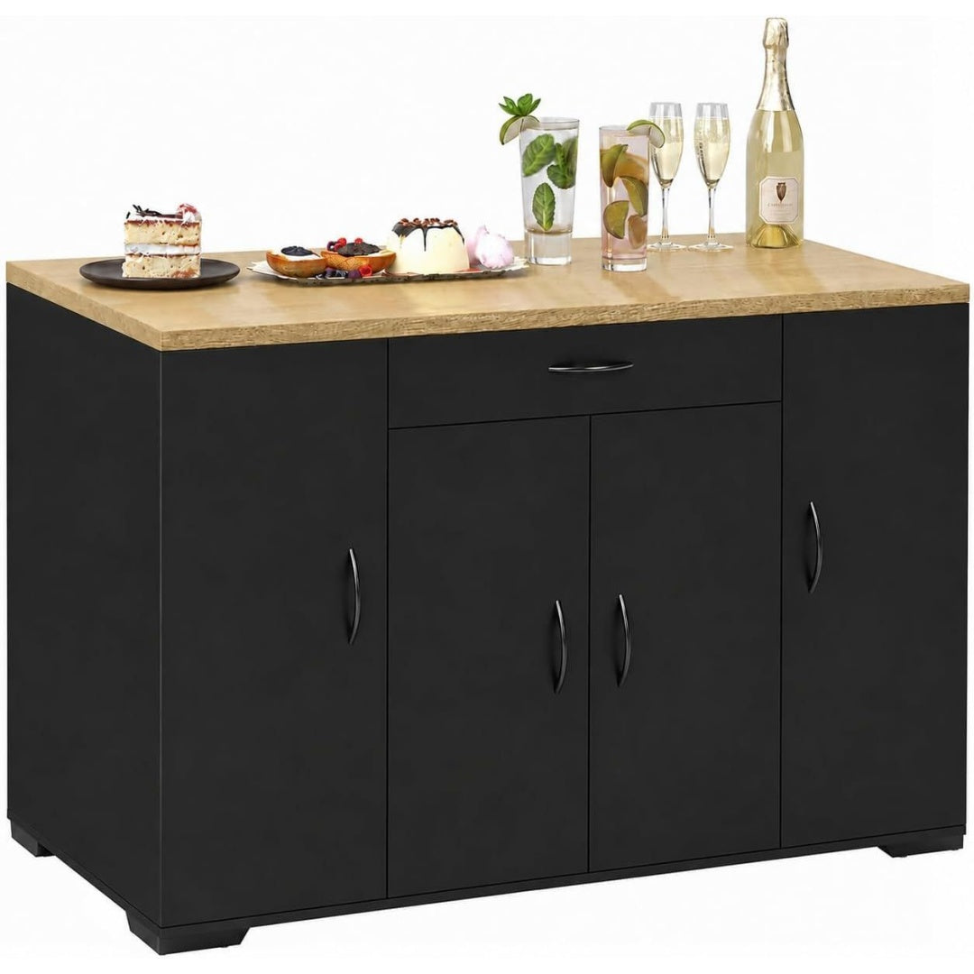 Un espace mieux organise grace a ce buffet avec tiroirs, avec portes, finition noir et bois naturel