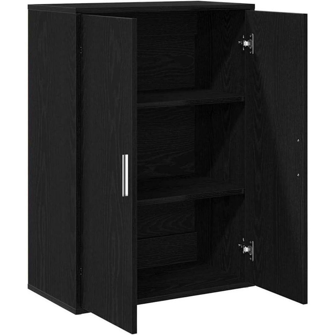 Un espace mieux organise grace a ce buffet avec etageres, a l'aspect bois, finition noir et chene