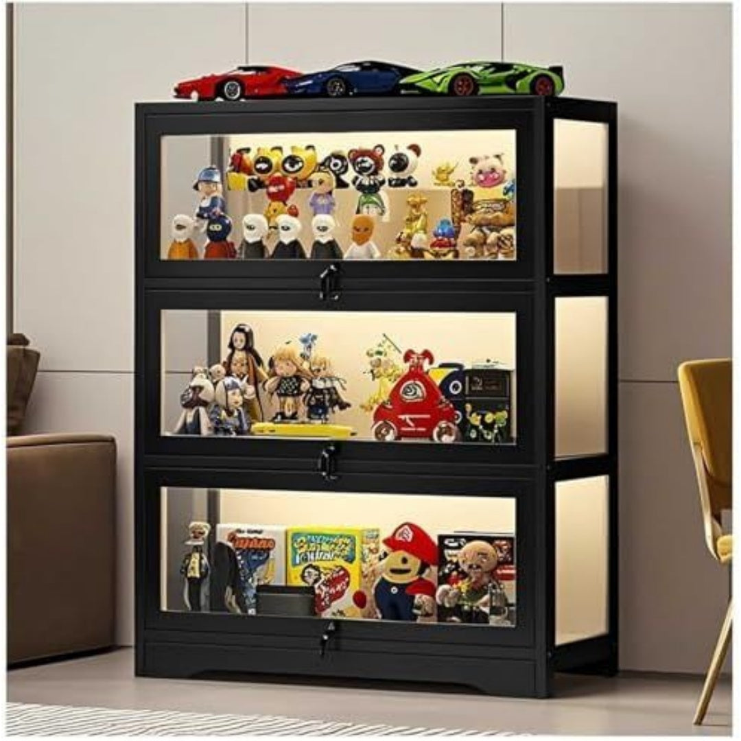 Le charme du rangement avec ce bibliotheque avec portes, avec etageres, coloris noir et naturel