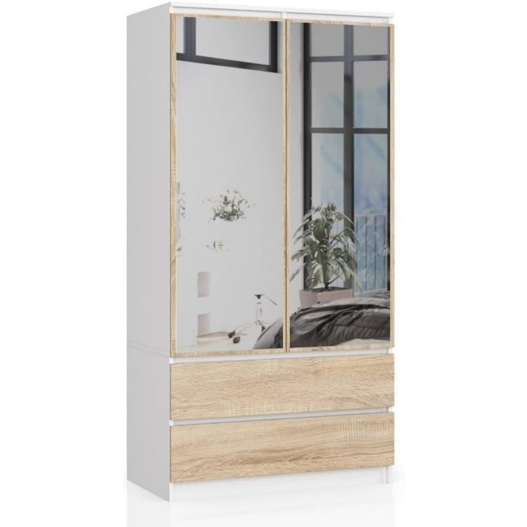 Un espace mieux organise grace a ce commode avec tiroirs, avec portes, finition blanc et chene