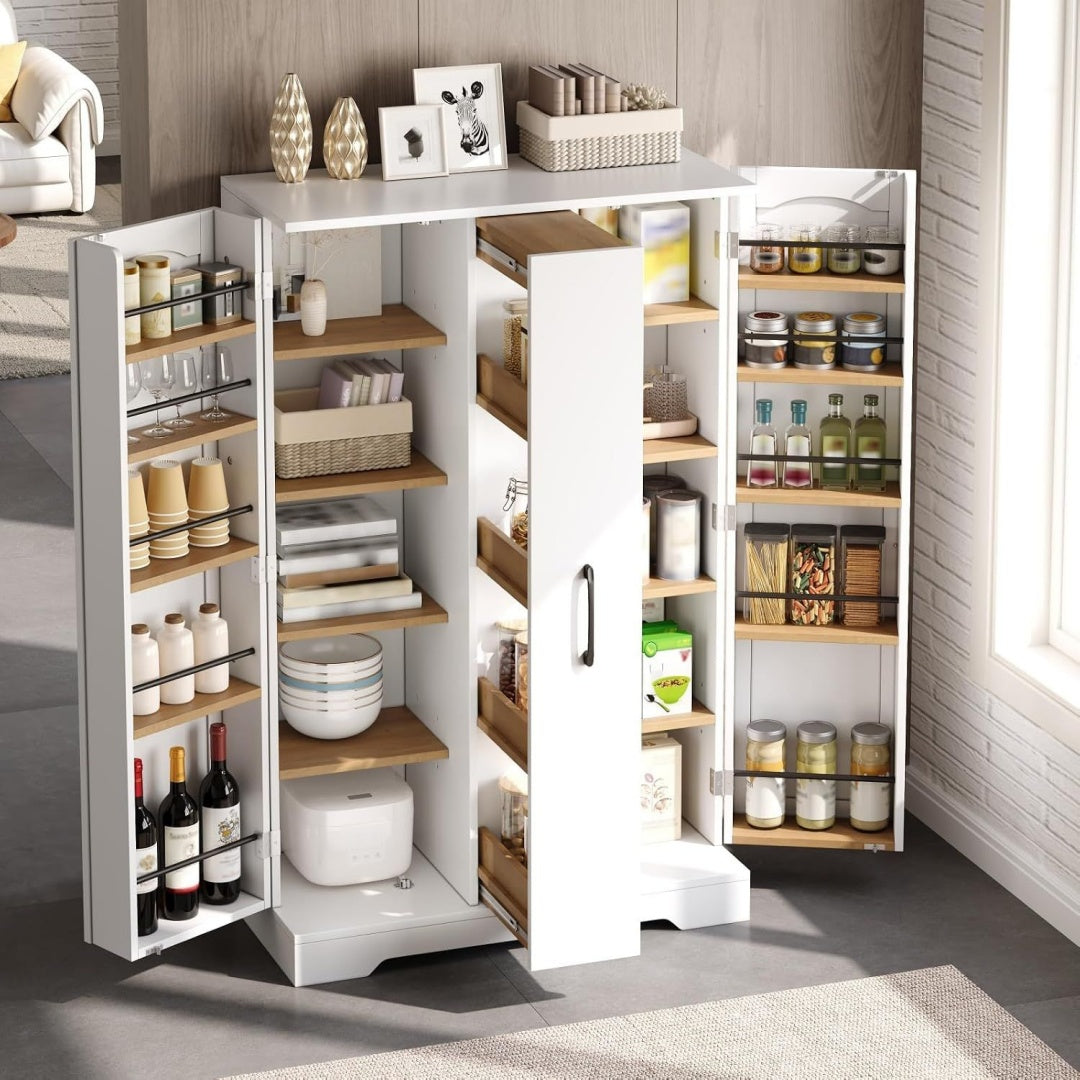 Le charme du rangement avec ce buffet avec tiroirs, avec portes, coloris blanc et naturel