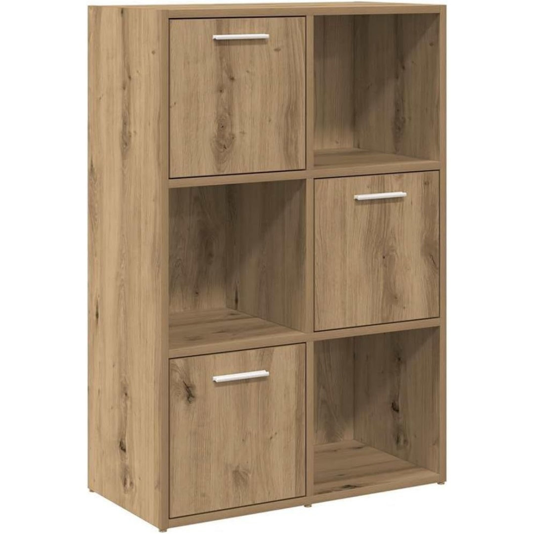 Une silhouette equilibree pour ce bibliotheque avec portes, a l'aspect bois, teinte chene et bois naturel