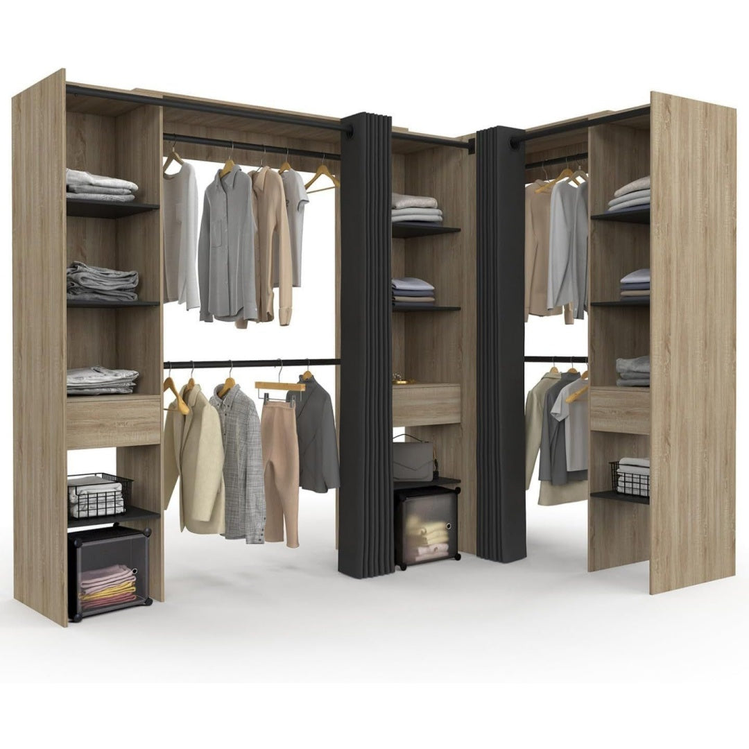 Le charme du rangement avec ce commode avec tiroirs, avec etageres, coloris noir et bois naturel
