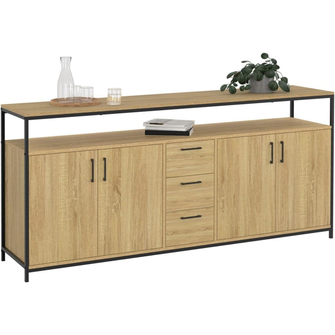 Une silhouette equilibree pour ce buffet avec tiroirs, avec portes, teinte bois naturel