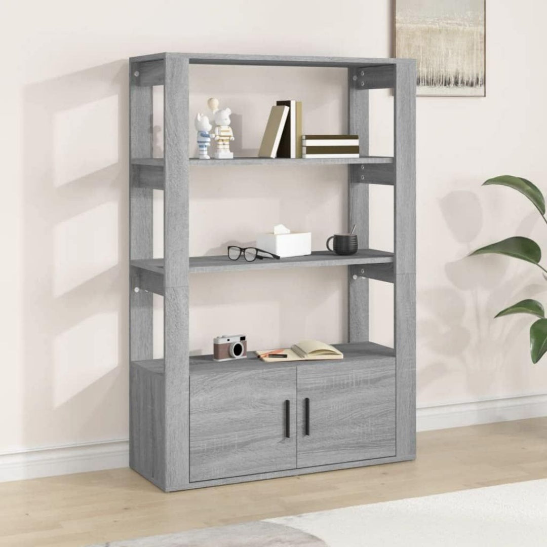 Le charme du rangement avec ce buffet avec portes, avec etageres, coloris gris et bois naturel