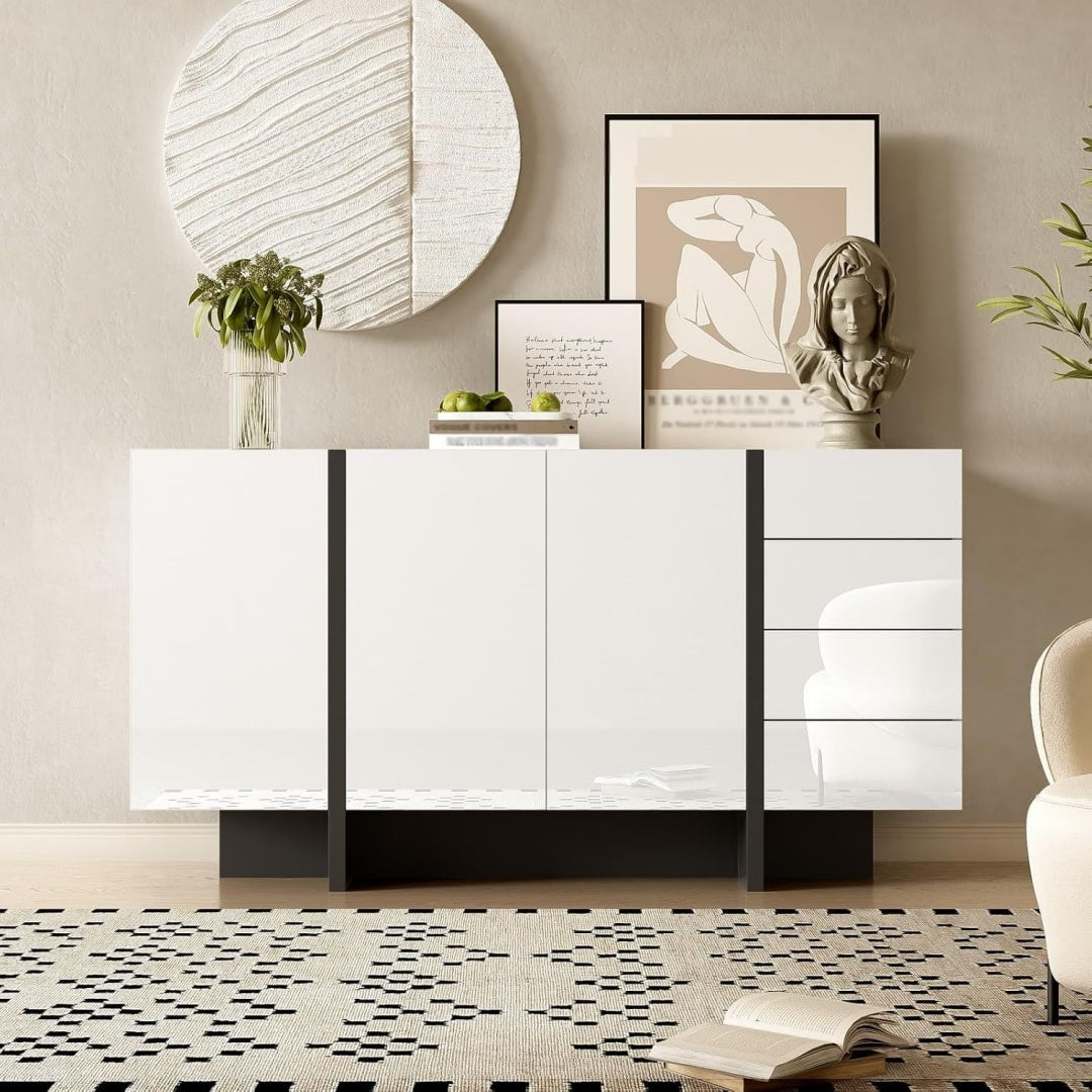 Une silhouette equilibree pour ce commode avec tiroirs, avec portes, teinte blanc et noir