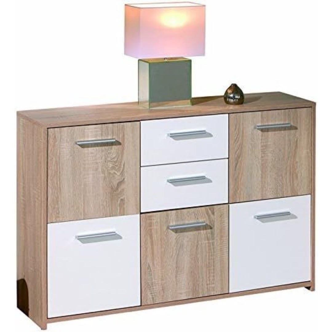 Une silhouette equilibree pour ce commode avec tiroirs, avec portes, teinte chene