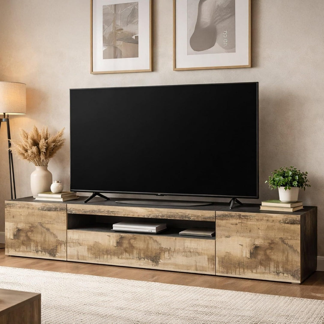 Le charme du rangement avec ce buffet avec portes, aux accents metalliques, coloris gris et vert