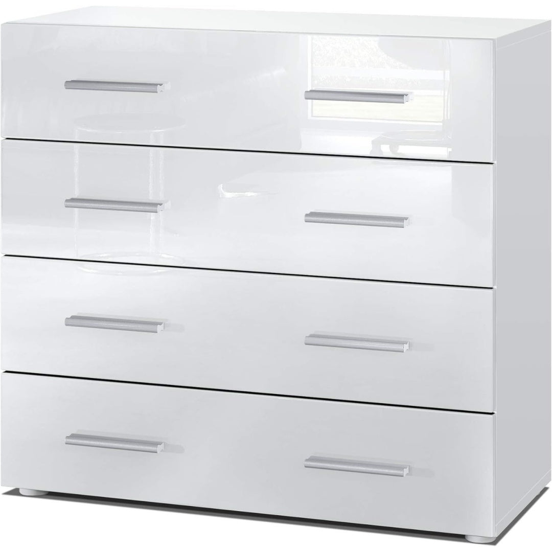 Une silhouette equilibree pour ce buffet avec tiroirs, aux accents metalliques, teinte blanc et vert