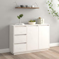 Un espace mieux organise grace a ce buffet avec tiroirs, avec portes, finition blanc et naturel