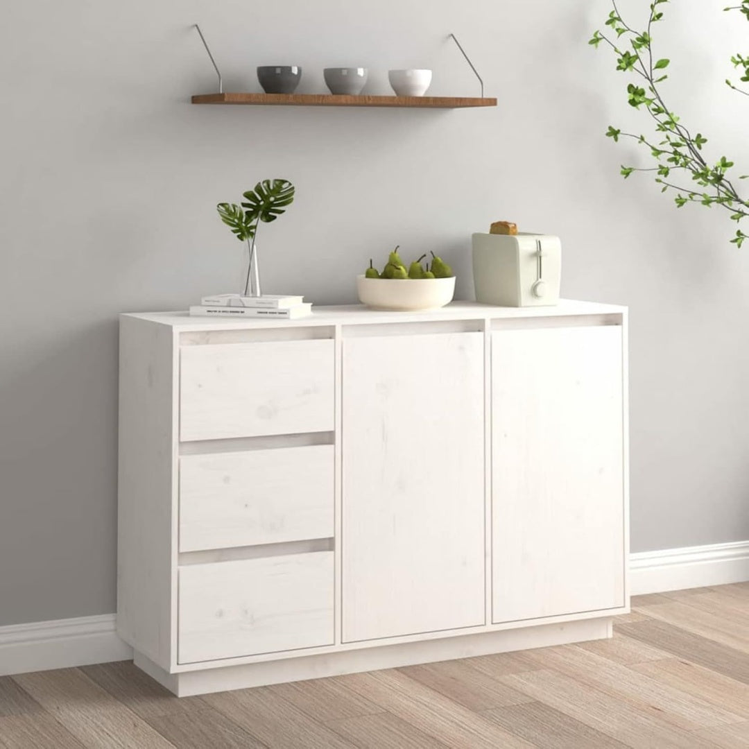Un espace mieux organise grace a ce buffet avec tiroirs, avec portes, finition blanc et naturel