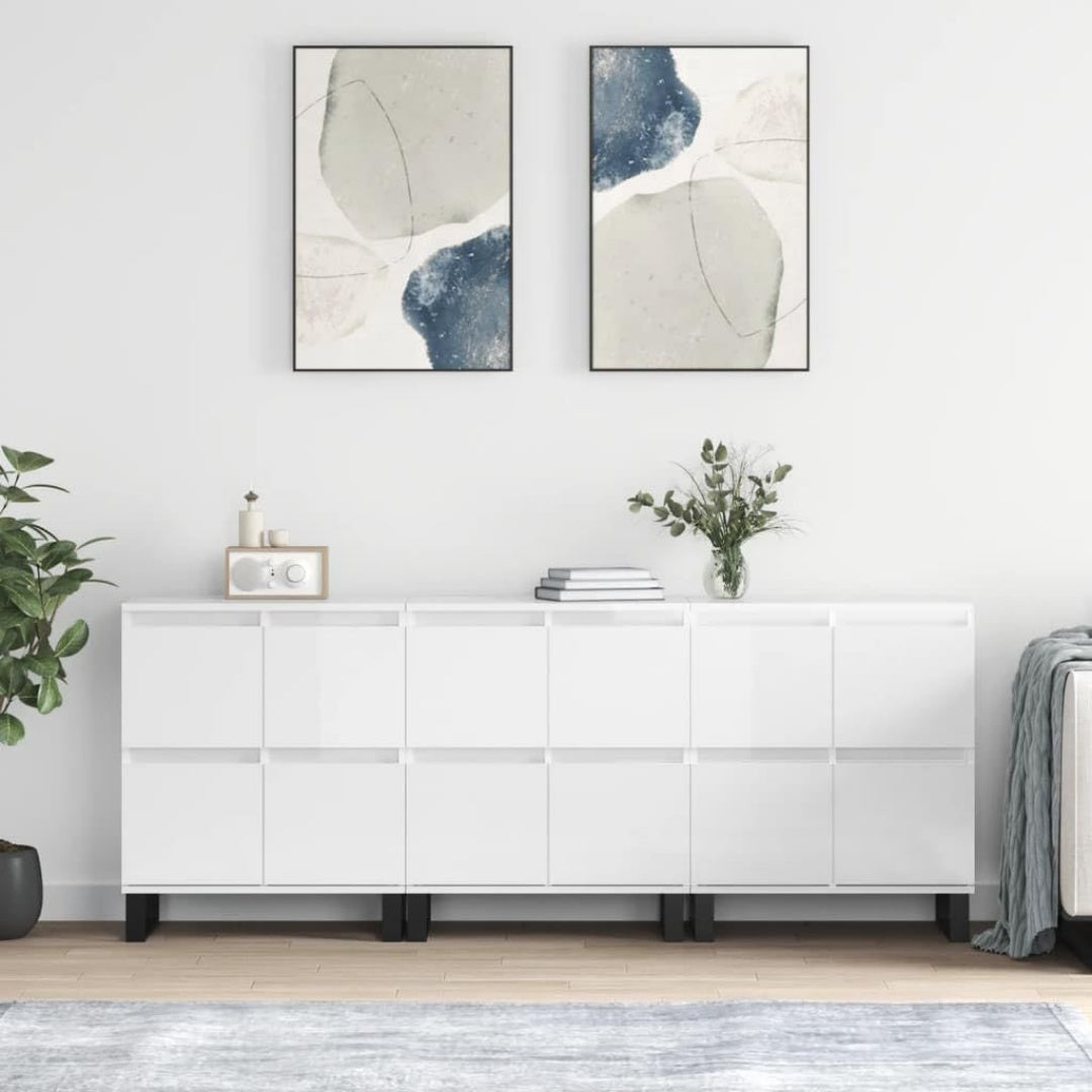 Une touche de caractere, buffet a l'aspect bois, aux lignes contemporaines dans un ton blanc et bois naturel