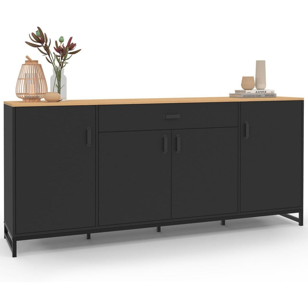 Une silhouette equilibree pour ce buffet avec tiroirs, avec portes, teinte noir et bois naturel