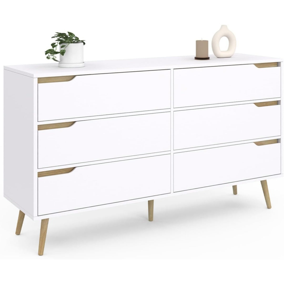 Un espace mieux organise grace a ce commode avec tiroirs, avec portes, finition blanc et bois naturel