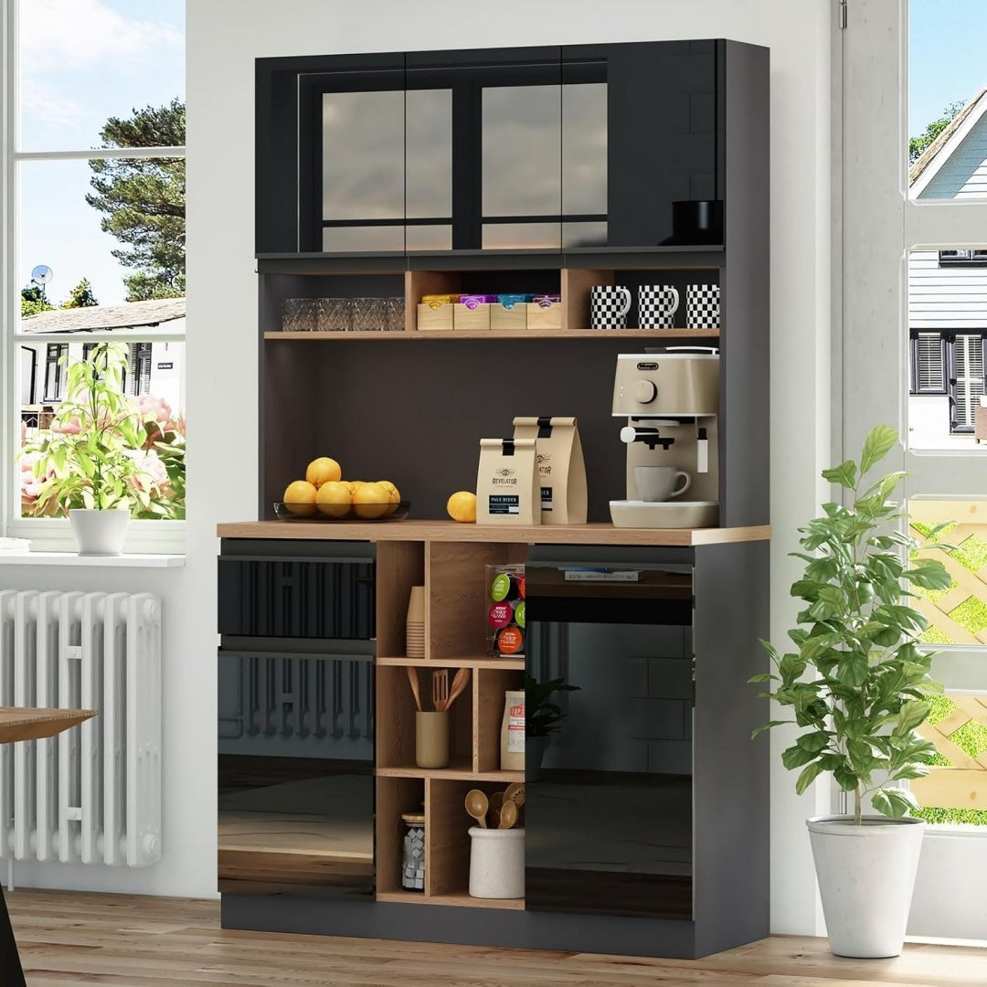 Le charme du rangement avec ce buffet avec tiroirs, avec portes, coloris noir et gris