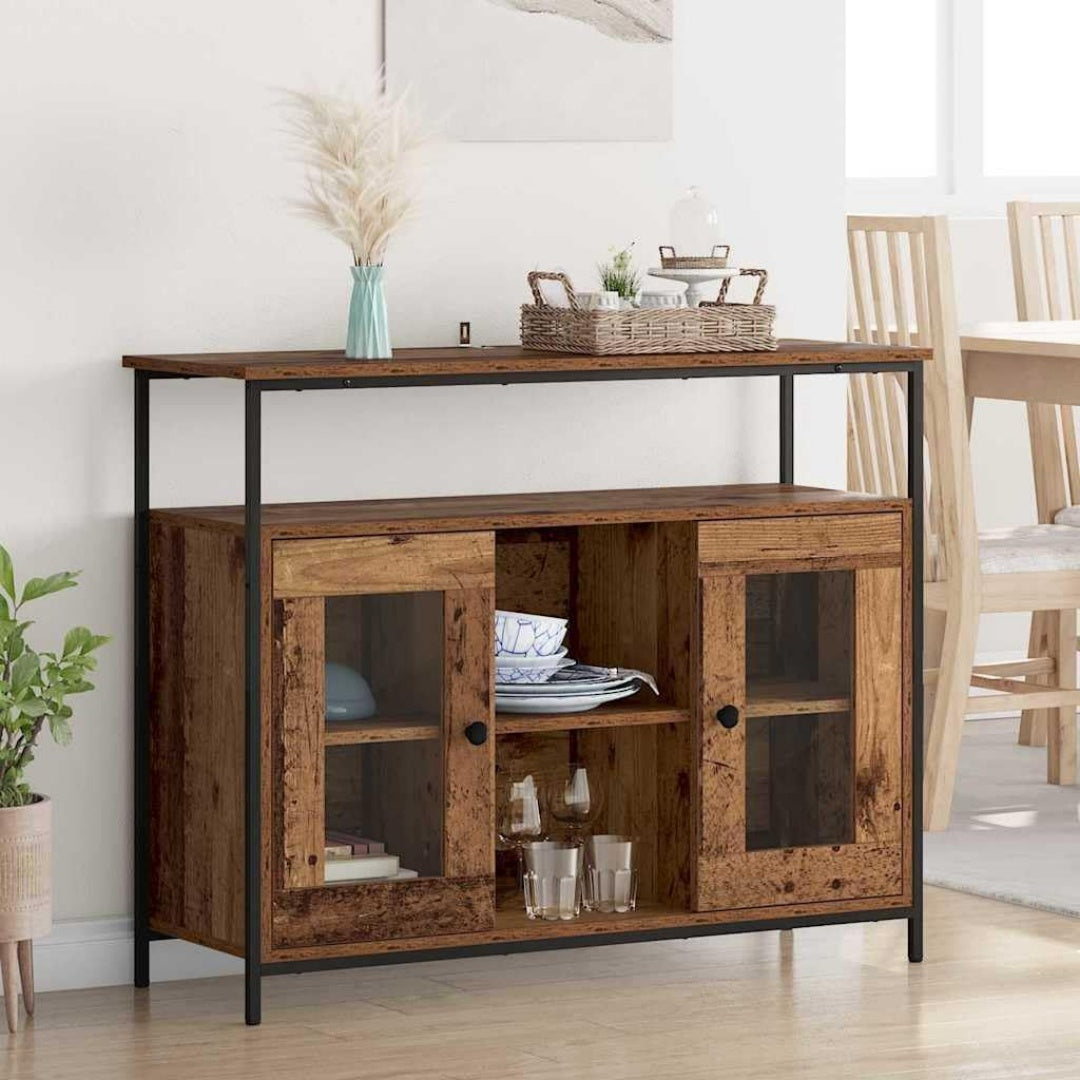 Pour un interieur harmonieux, buffet avec portes, avec etageres en finition noir et bois naturel