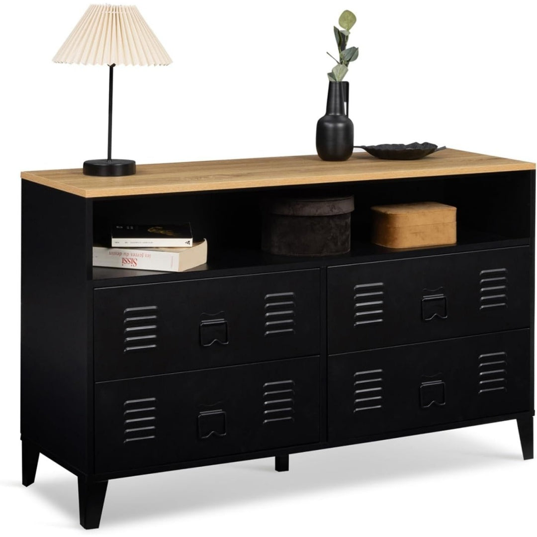 Une silhouette equilibree pour ce commode avec tiroirs, avec portes, teinte noir et bois naturel