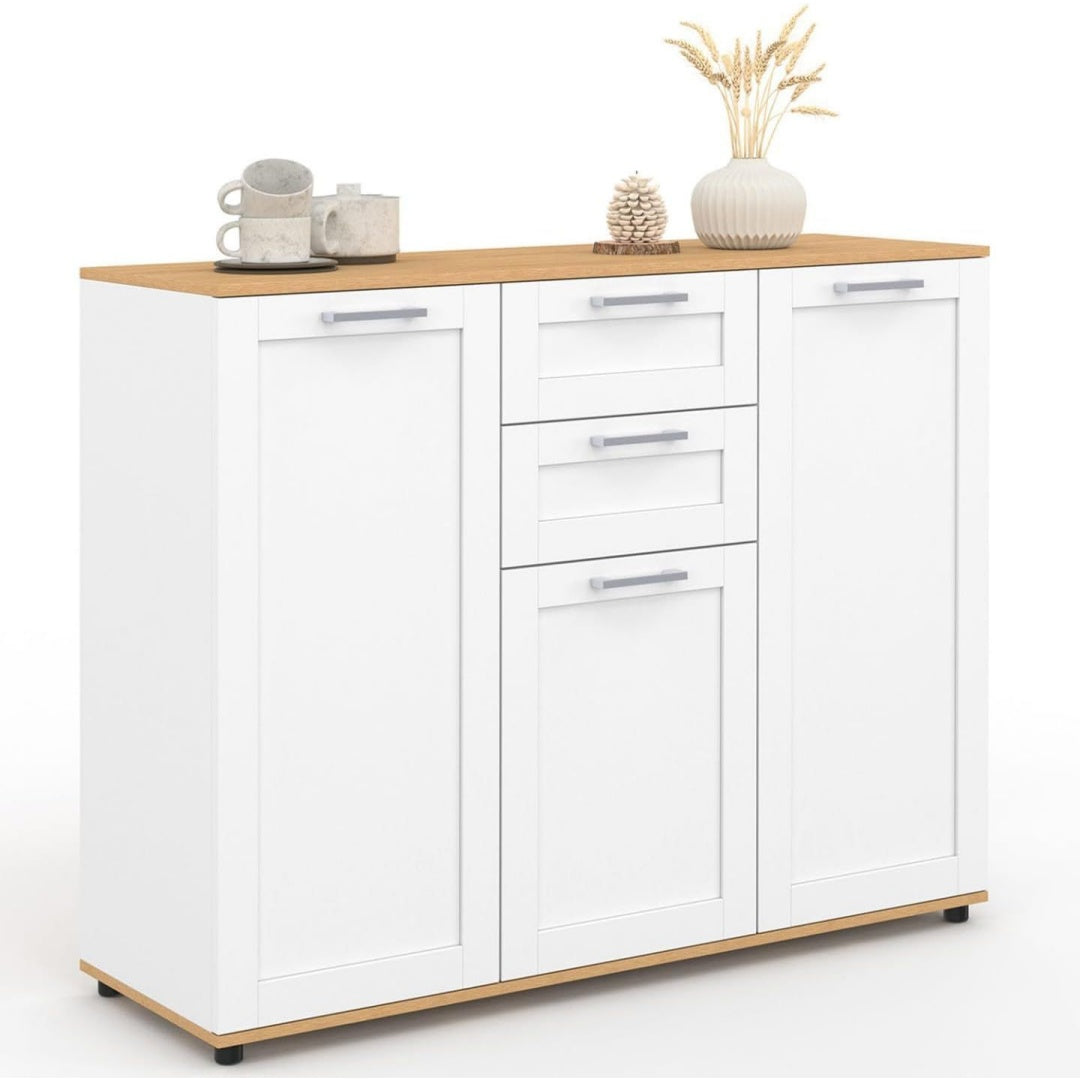 Une touche de caractere, buffet avec tiroirs, avec portes dans un ton blanc et bois naturel