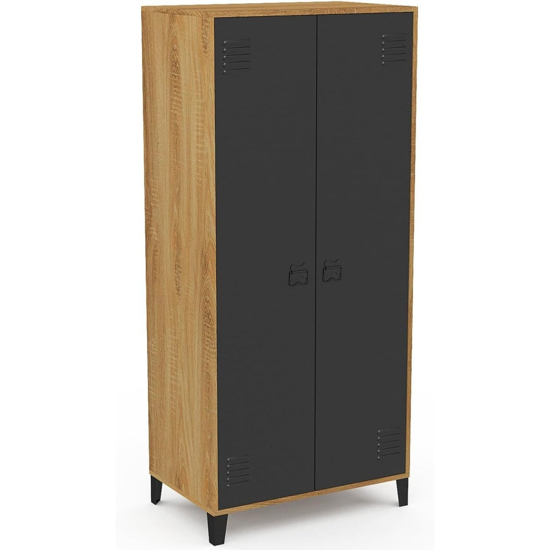 Une silhouette equilibree pour ce bibliotheque avec portes, avec etageres, teinte noir et bois naturel