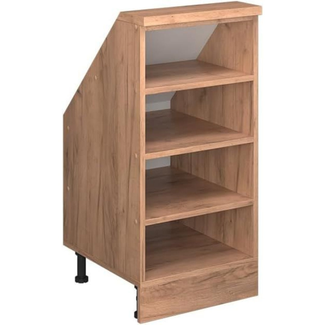 Le charme du rangement avec ce meuble de rangement aux lignes soignees, coloris chene et dore